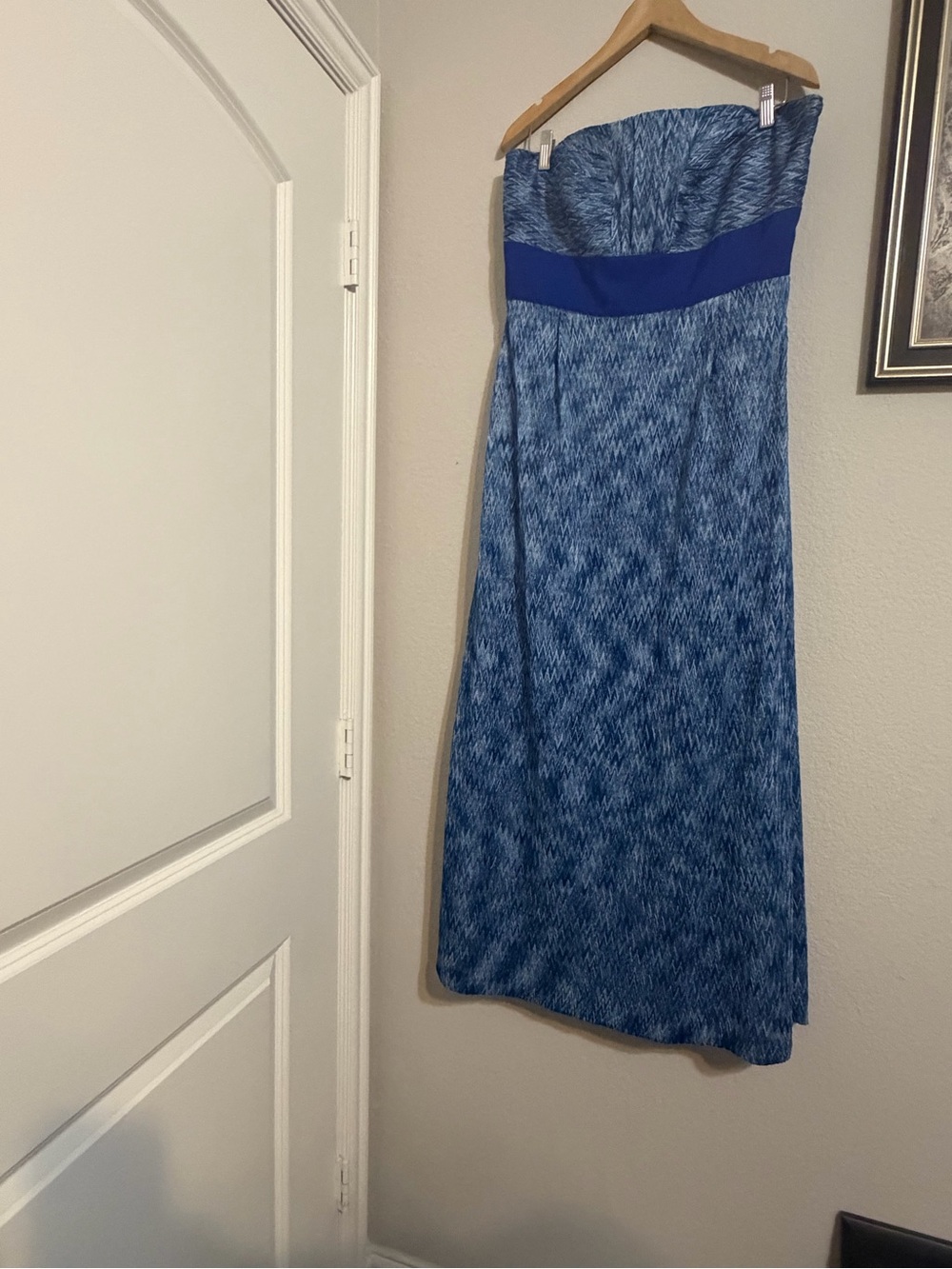 ANTONIO MELANI Strapless Blue Patterned Maxi Dress with Royal Blue Waistband